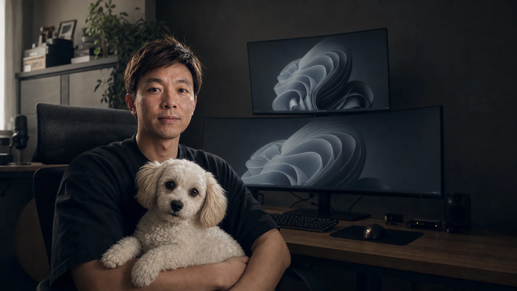 布莱恩喵和小狗在电脑工作台前